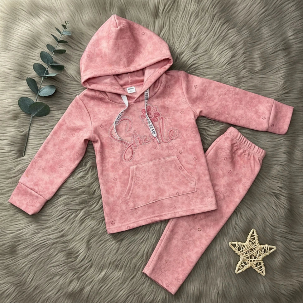 Smile Print Hoodie Set - Dusty Pink - Little Champs Pakistan