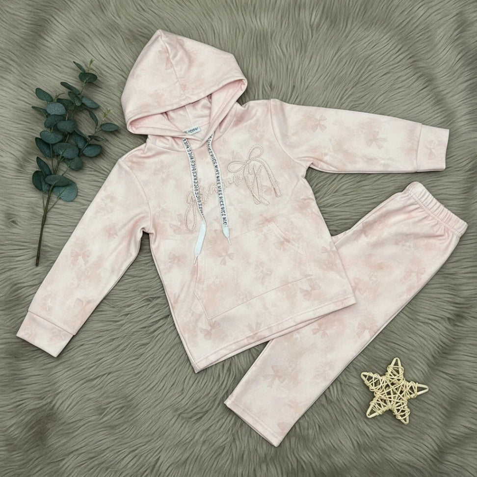Bow Print Hoodie Set - Pink - Little Champs Pakistan