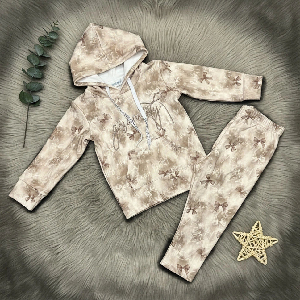 Bow Print Hoodie Set - Tan - Little Champs Pakistan