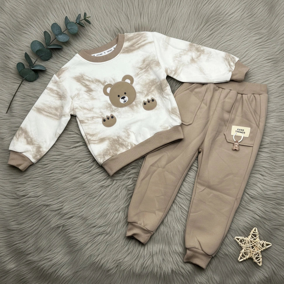 Teddy Bear Tie-Dye Sweatshirt Set Cream - Little Champs Pakistan