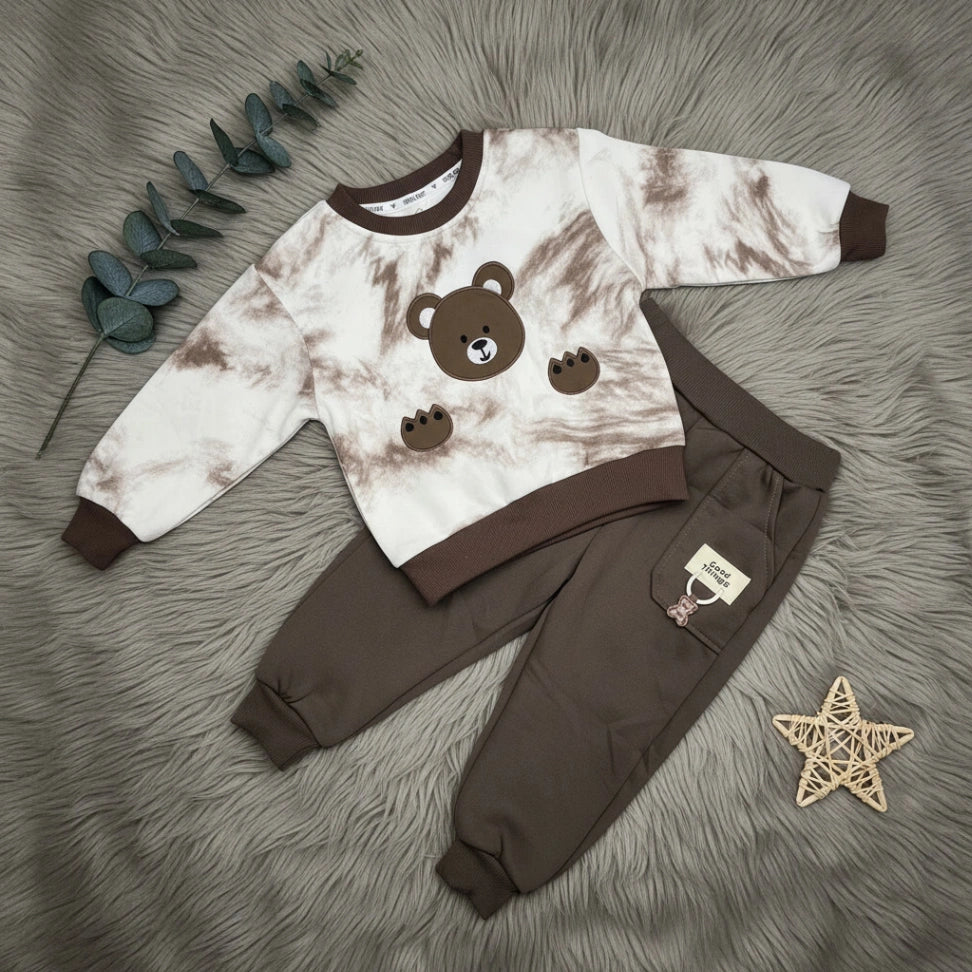 Teddy Bear Tie-Dye Sweatshirt Set Brown - Little Champs Pakistan