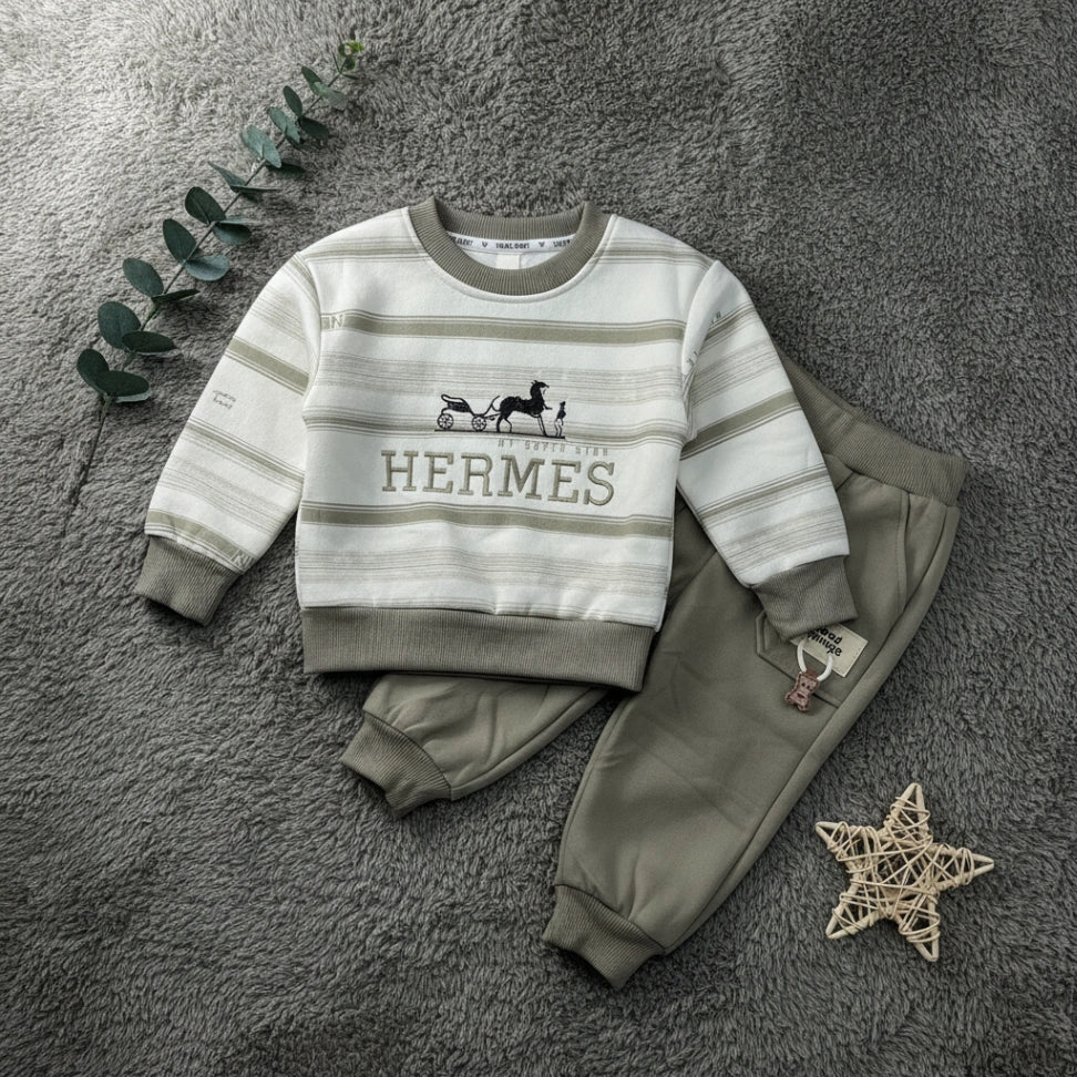 Hermes Stripe Sweatshirt Set Sage - Little Champs Pakistan