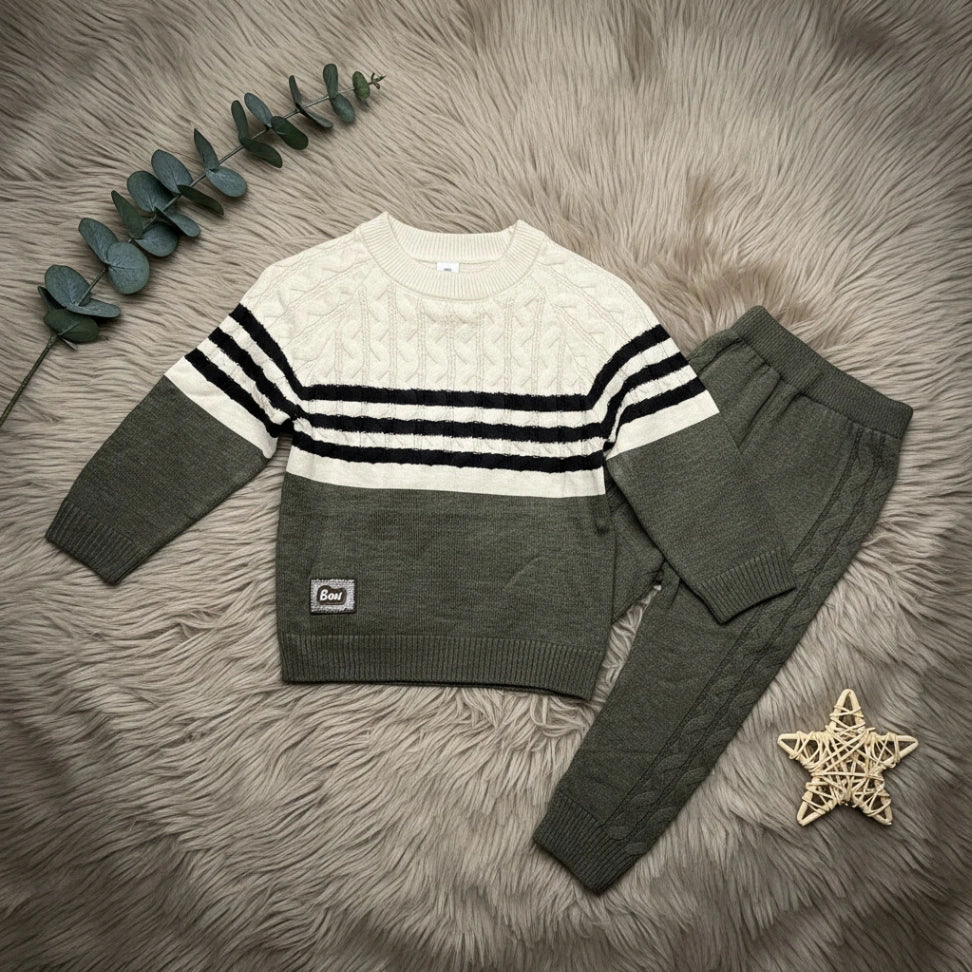 Striped Colorblock Cable Knit Set - Olive - Little Champs Pakistan