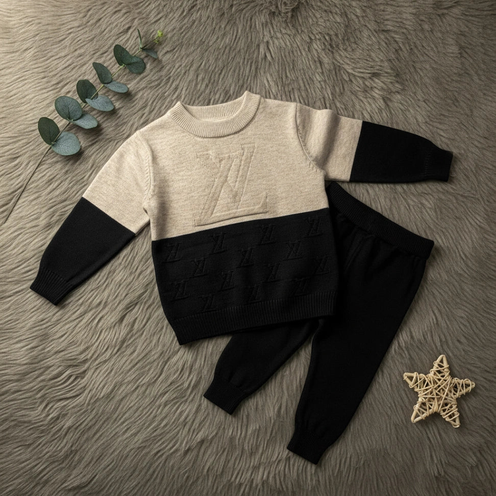 Monogram Knit Sweater Set - Black - Little Champs Pakistan