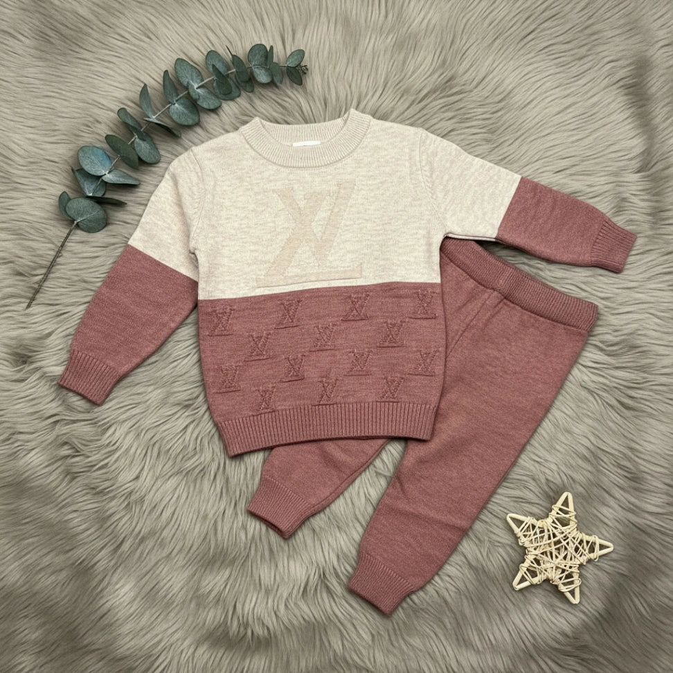 Monogram Knit Sweater Set - Mauve - Little Champs Pakistan
