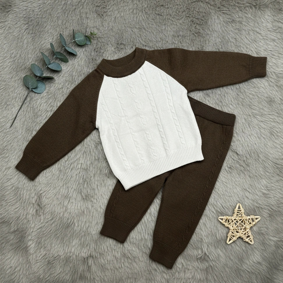 Raglan Cable Knit Set - Brown - Little Champs Pakistan