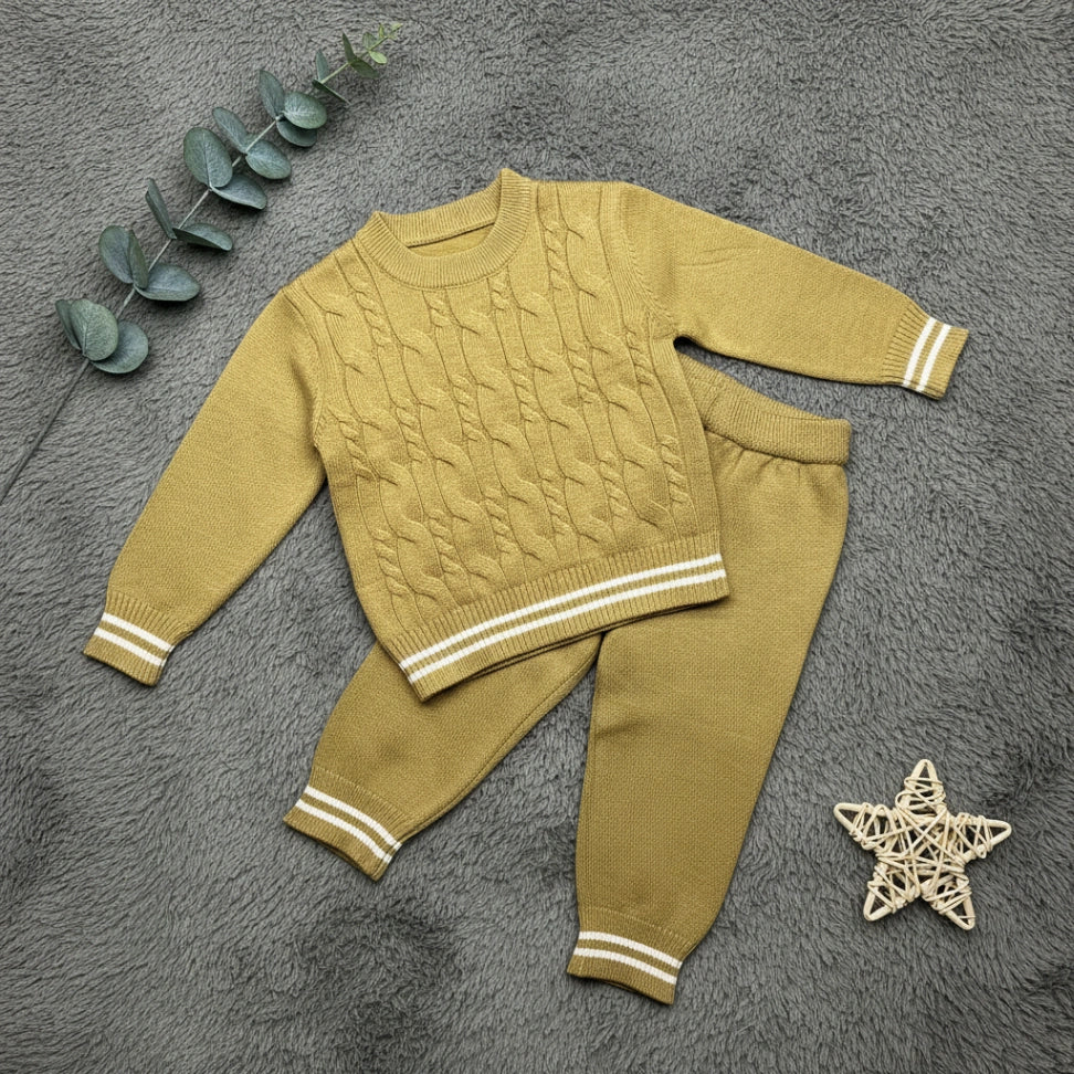 Striped Cuff Cable Knit Set - Mustard - Little Champs Pakistan