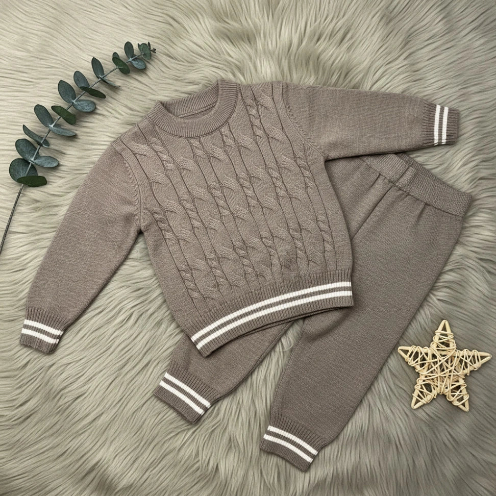 Striped Cuff Cable Knit Set - Taupe - Little Champs Pakistan