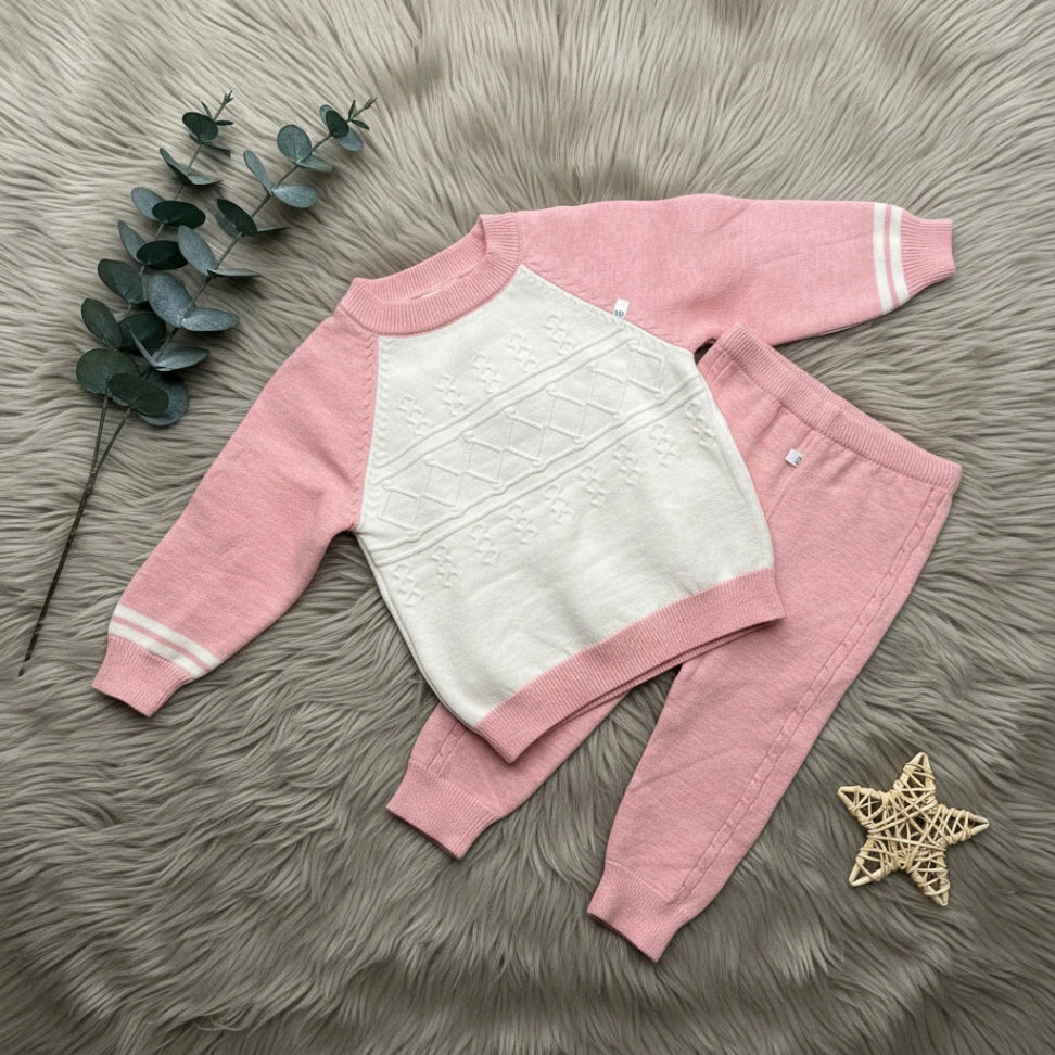 Raglan Diamond Knit Set - Pink - Little Champs Pakistan