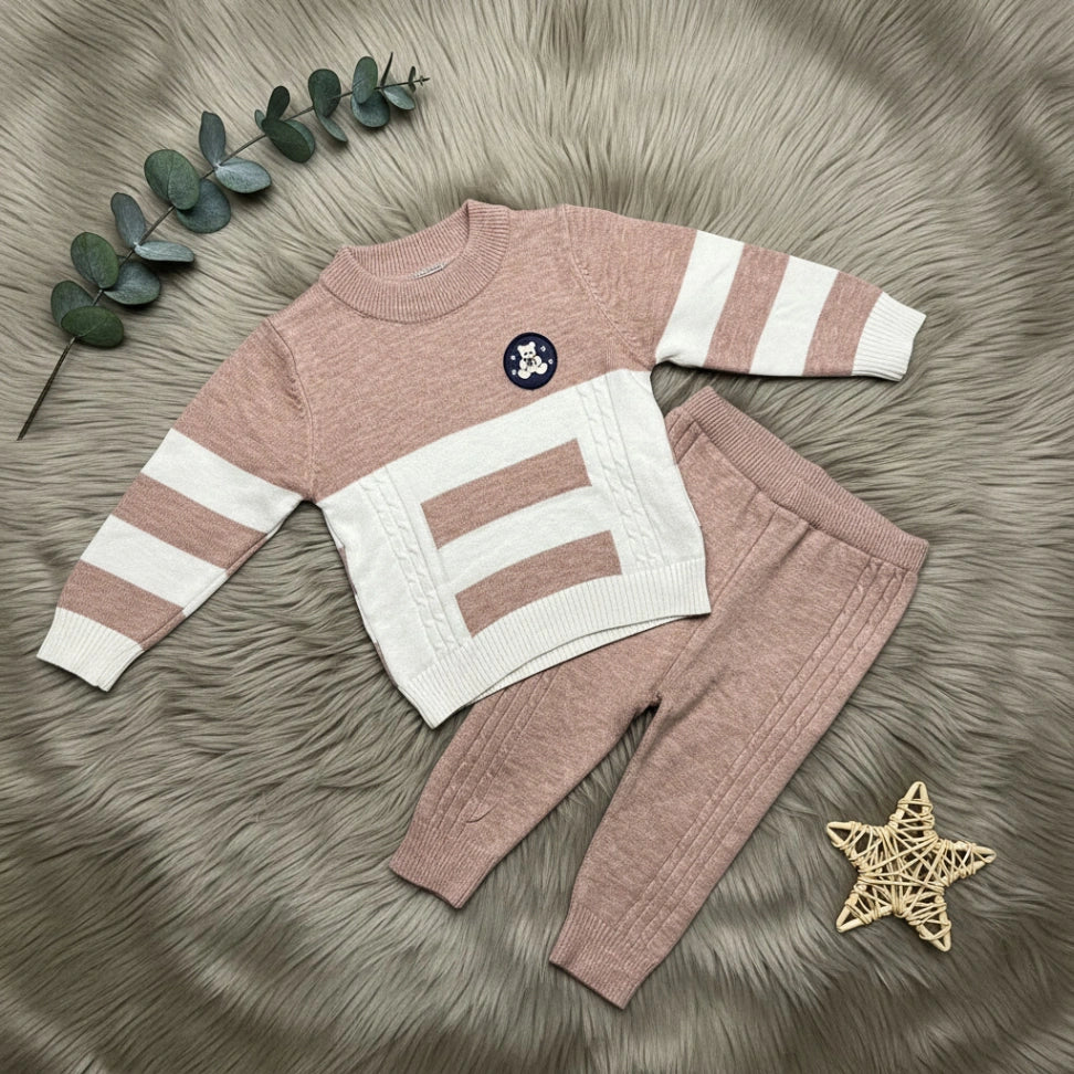 Bear Patch Colorblock Sweater Set - Dusty Pink - Little Champs Pakistan