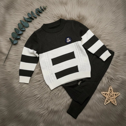 Bear Patch Colorblock Sweater Set - Black - Little Champs Pakistan