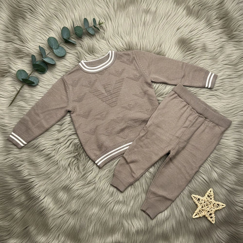 Emblem Knit Sweater Set - Taupe - Little Champs Pakistan