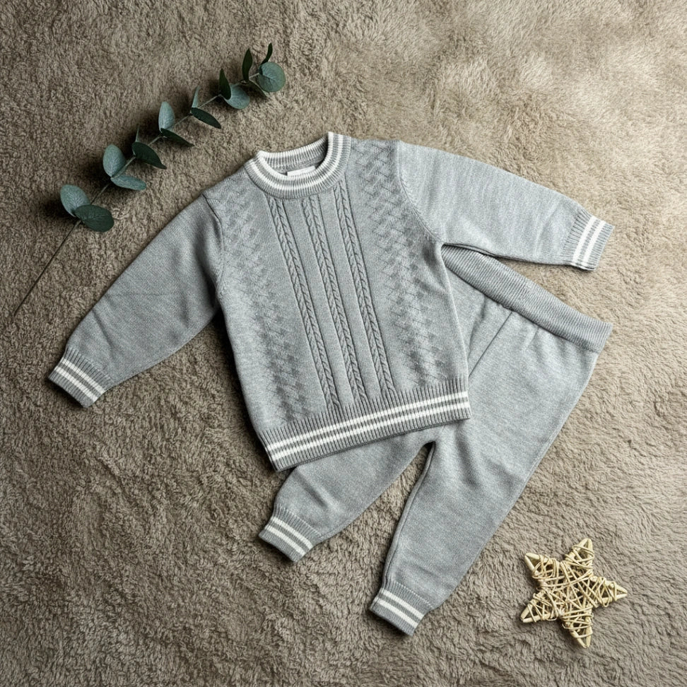 Striped Cuff Cable Knit Set - Grey - Little Champs Pakistan