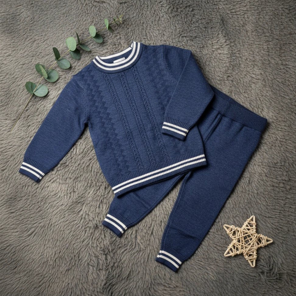 Striped Cuff Cable Knit Set - Navy - Little Champs Pakistan