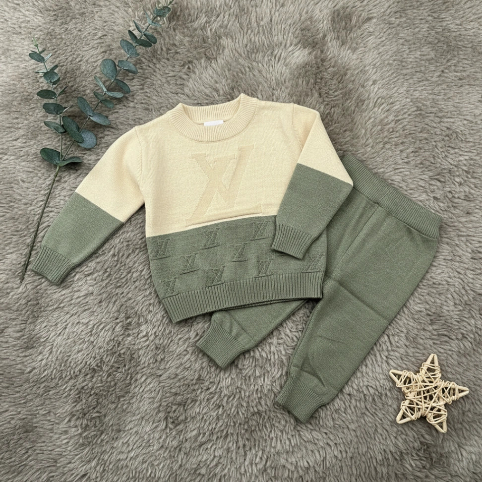 Monogram Knit Sweater Set - Olive - Little Champs Pakistan