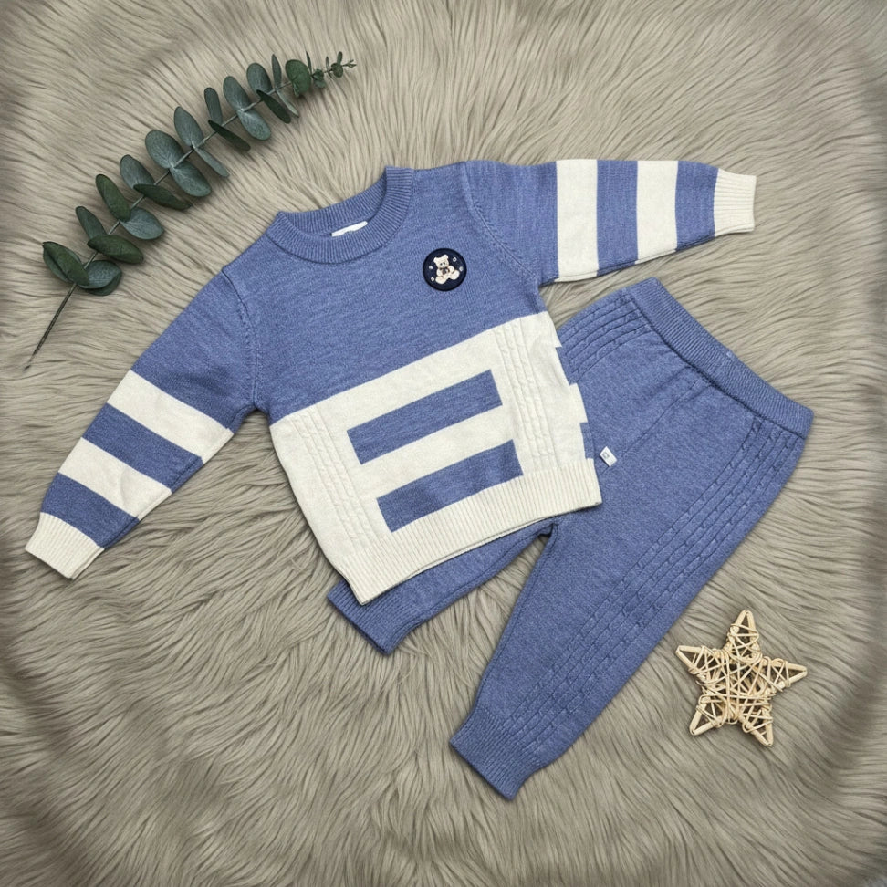 Bear Patch Colorblock Sweater Set - Blue - Little Champs Pakistan