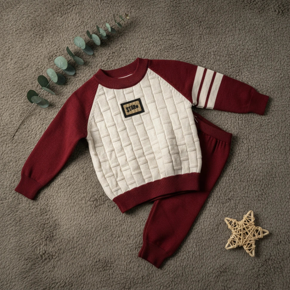 Quilted Raglan Sweater Set - Maroon - Little Champs Pakistan